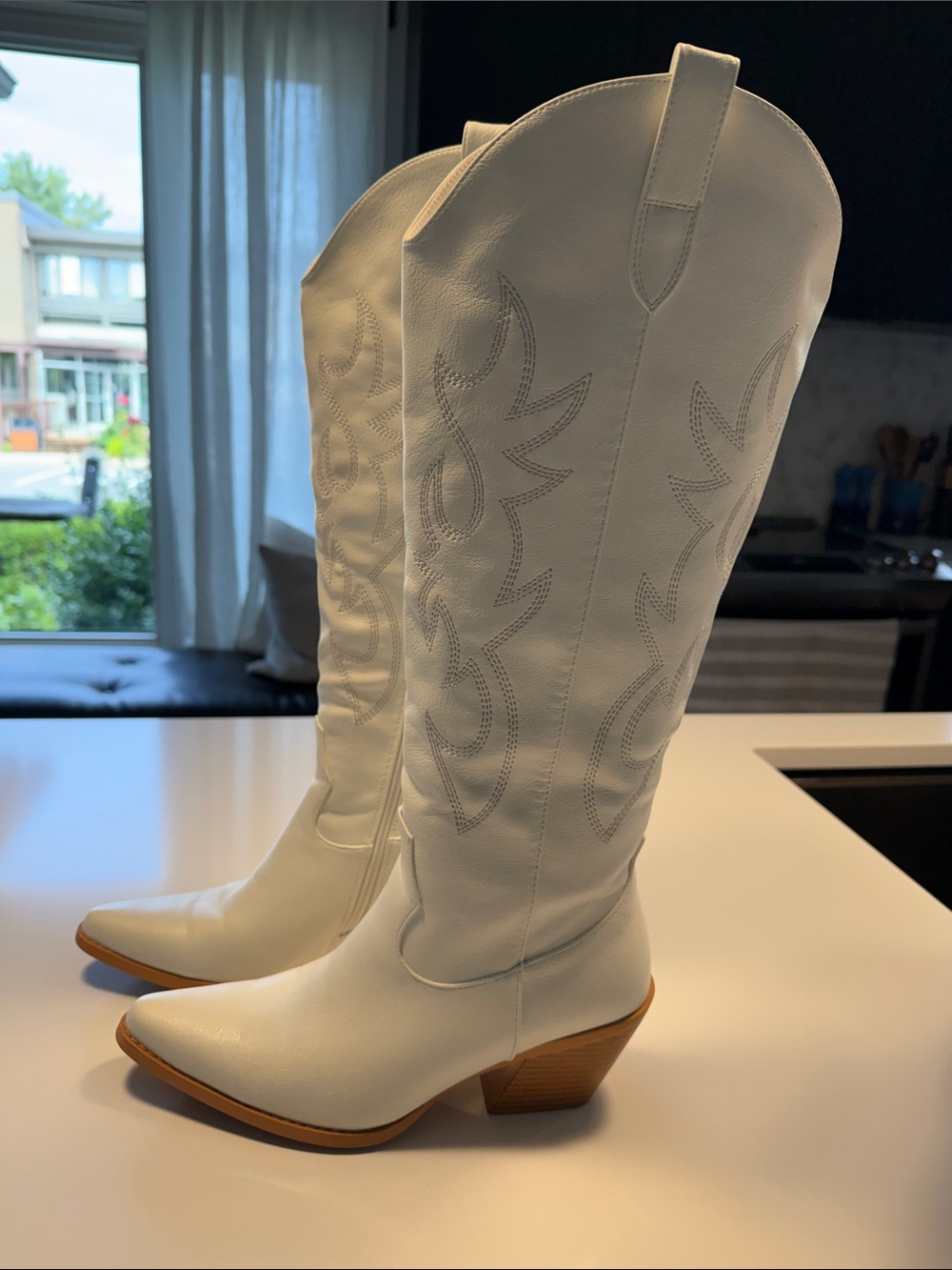 Amazon White Western Knee-High Heeled Boots